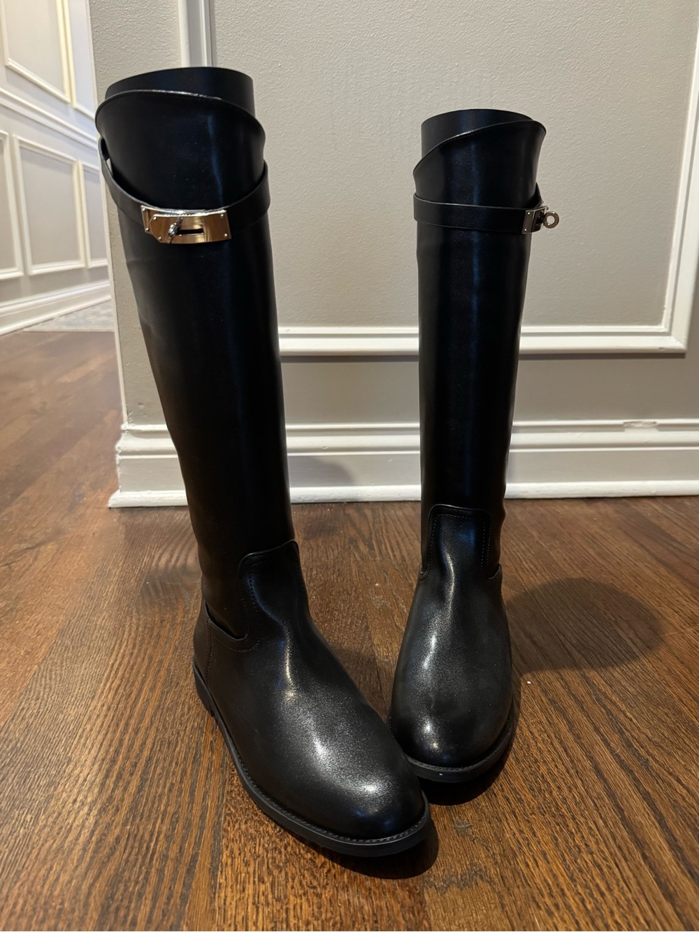 Women's Over-the-Knee Black Riding Boots with Gold Buckle Detail